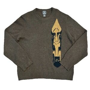 Lucky Brand Tiki Totem Brown Men's Sweater 100% Lambs Wool Crewneck L READ
